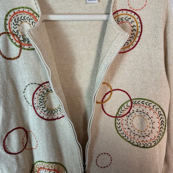 Alfred Dunner women’s cardigan zip front cream 90s knit embroidered cozy core  - Picture 3 of 9
